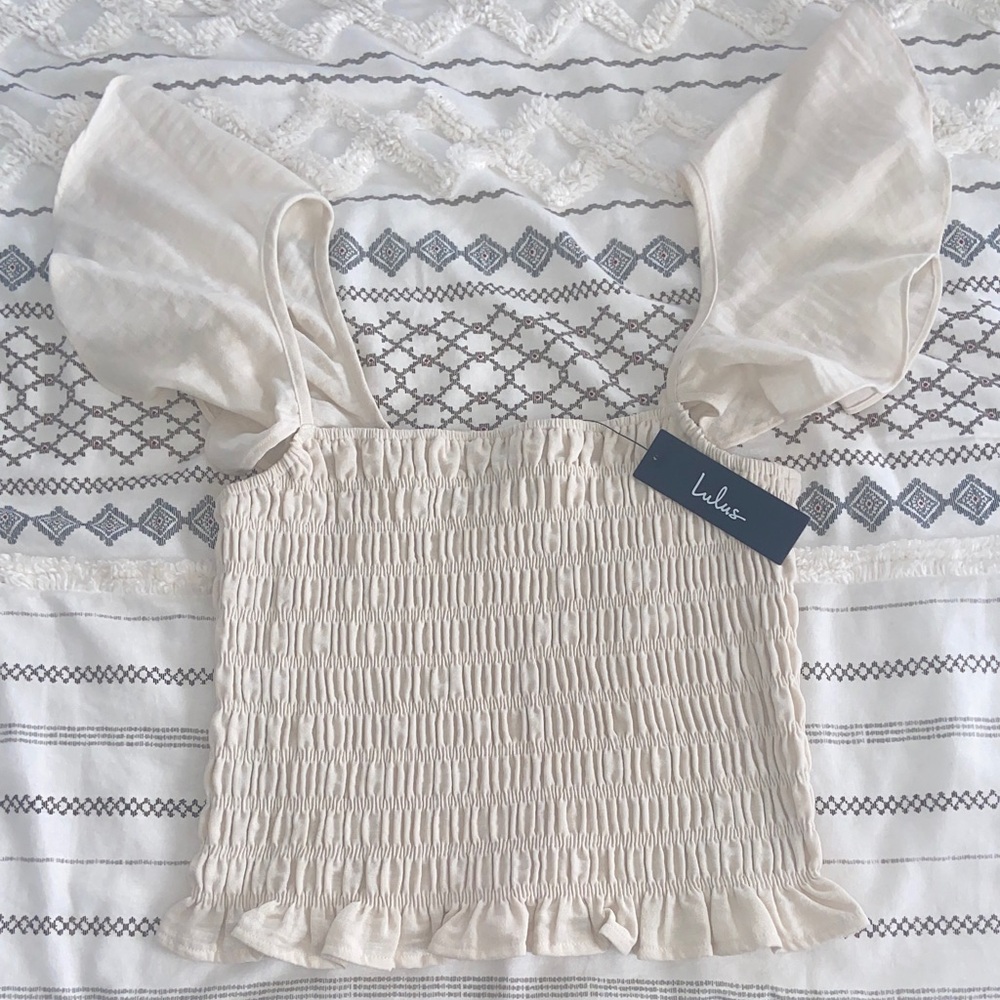 Lulu's Beige Linen Flutter Sleeve Smocked Top